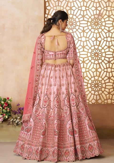 Pink Embroidered Silk Wedding Lehenga Set With Dupatta