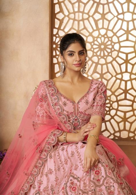 Pink Embroidered Silk Wedding Lehenga Set With Dupatta