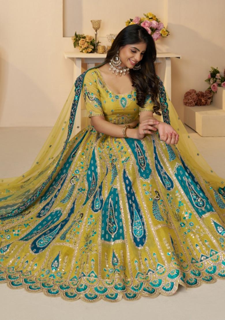 Yellow Embroidered Banarasi Silk Lehenga Set With Dupatta