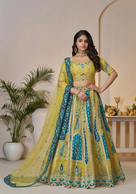 Yellow Embroidered Banarasi Silk Lehenga Set With Dupatta