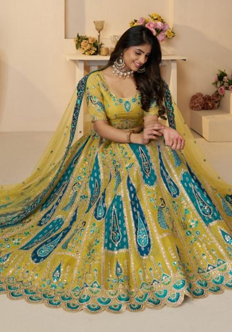 Yellow Embroidered Banarasi Silk Lehenga Set With Dupatta