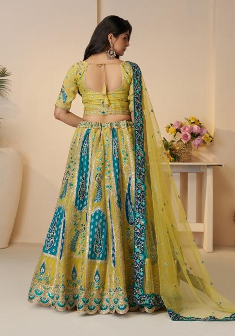 Yellow Embroidered Banarasi Silk Lehenga Set With Dupatta