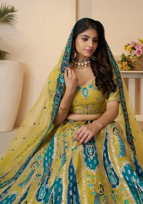Yellow Embroidered Banarasi Silk Lehenga Set With Dupatta