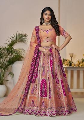 Orange Embroidered Banarasi Silk Lehenga Set With Dupatta