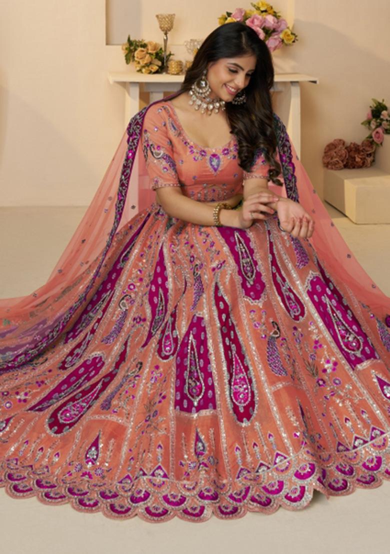 Orange Embroidered Banarasi Silk Lehenga Set With Dupatta