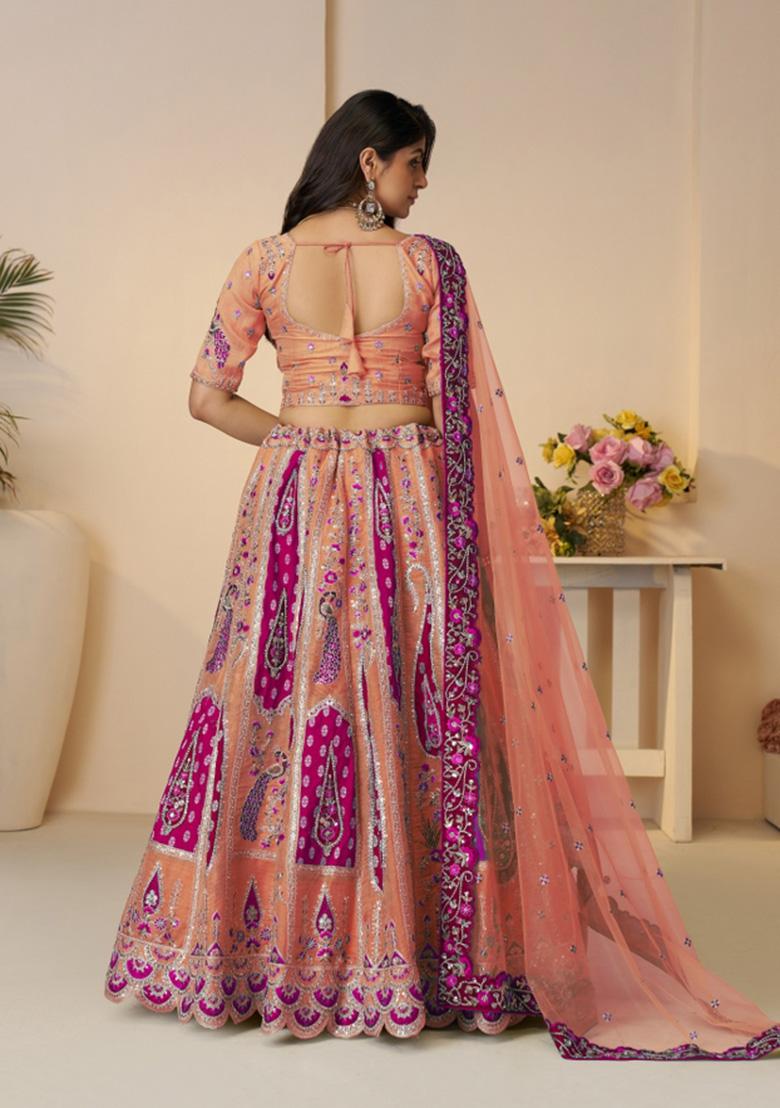 Orange Embroidered Banarasi Silk Lehenga Set With Dupatta