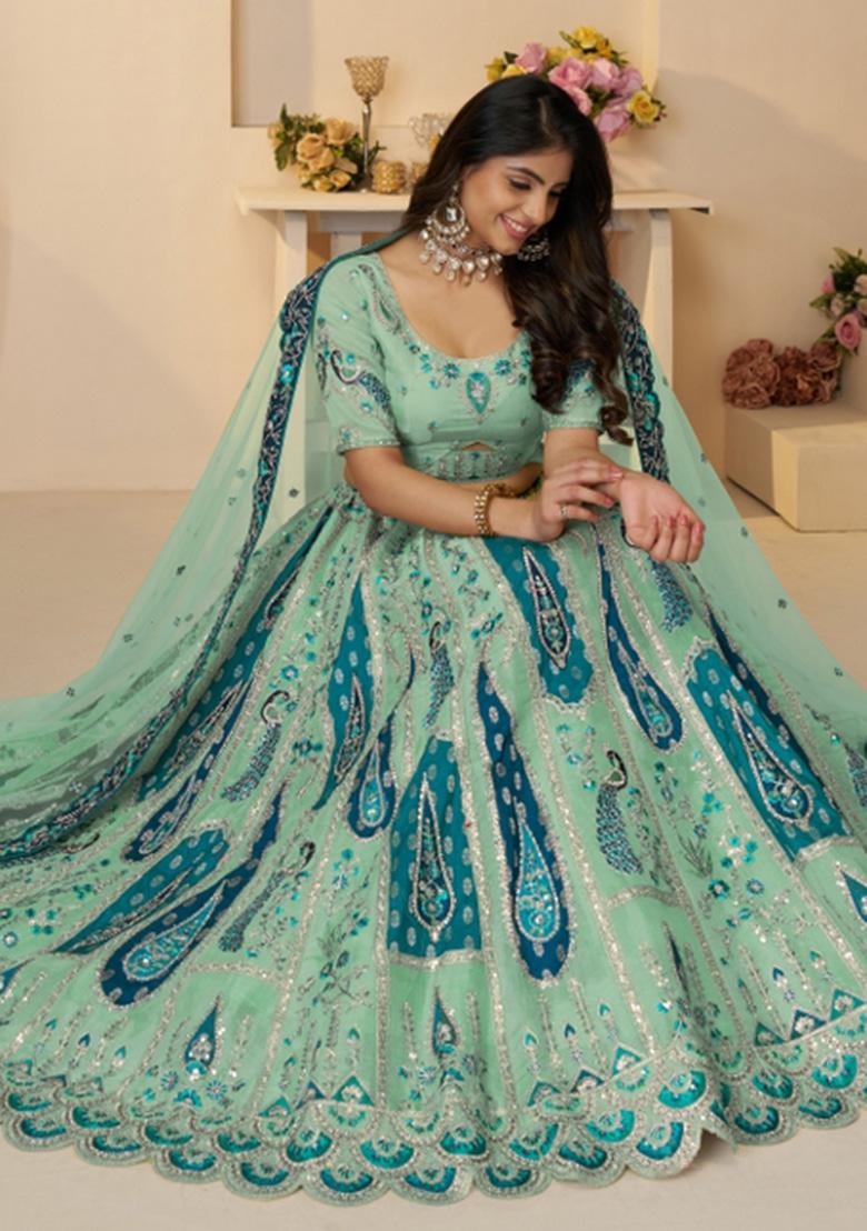 Sky Blue Embroidered Banarasi Silk Bridal Lehenga Set With Dupatta