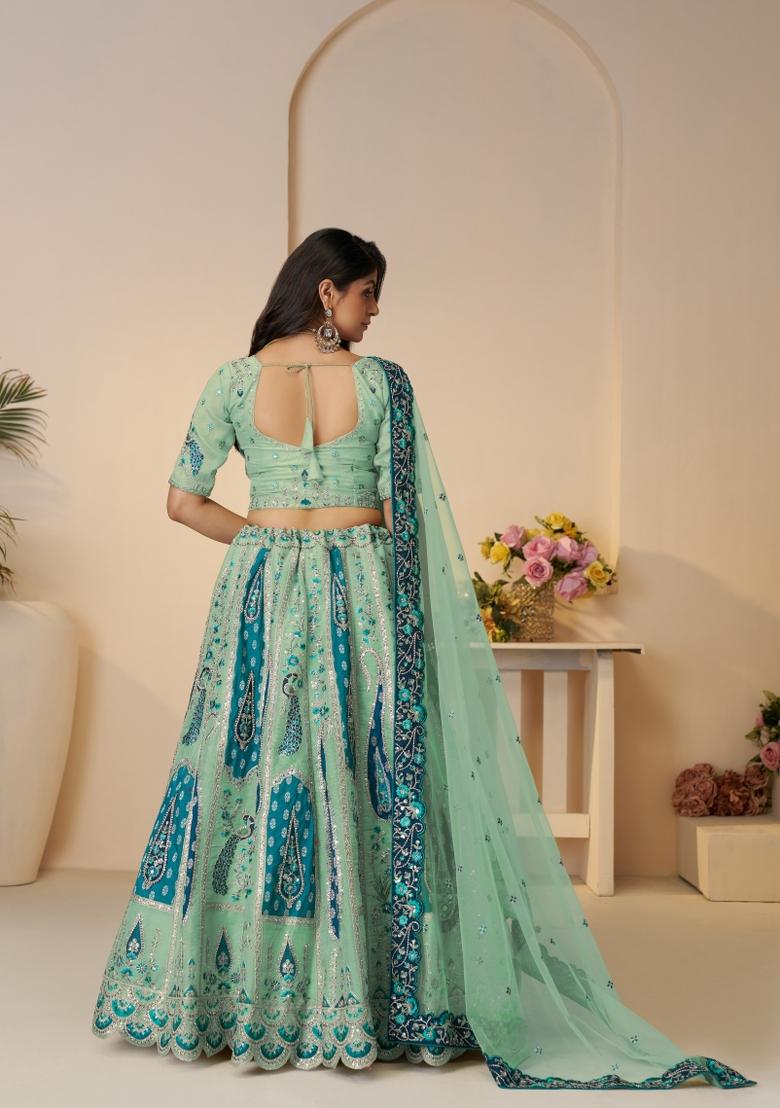 Sky Blue Embroidered Banarasi Silk Bridal Lehenga Set With Dupatta