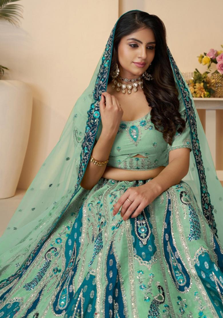 Sky Blue Embroidered Banarasi Silk Bridal Lehenga Set With Dupatta