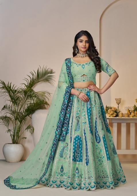Sky Blue Embroidered Banarasi Silk Bridal Lehenga Set With Dupatta