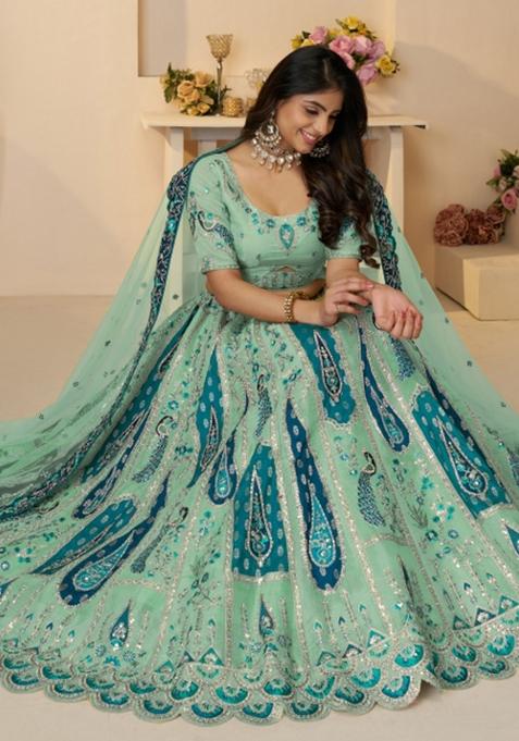 Sky Blue Embroidered Banarasi Silk Bridal Lehenga Set With Dupatta