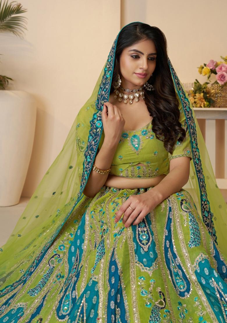 Green Embroidered Banarasi Silk Bridal Lehenga Set With Dupatta