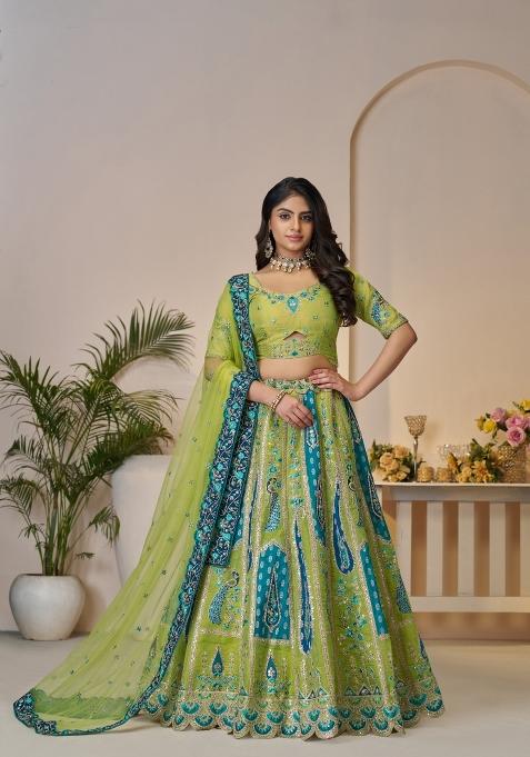 Green Embroidered Banarasi Silk Bridal Lehenga Set With Dupatta