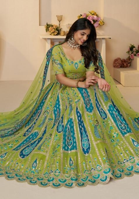 Green Embroidered Banarasi Silk Bridal Lehenga Set With Dupatta