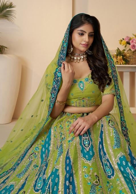 Green Embroidered Banarasi Silk Bridal Lehenga Set With Dupatta