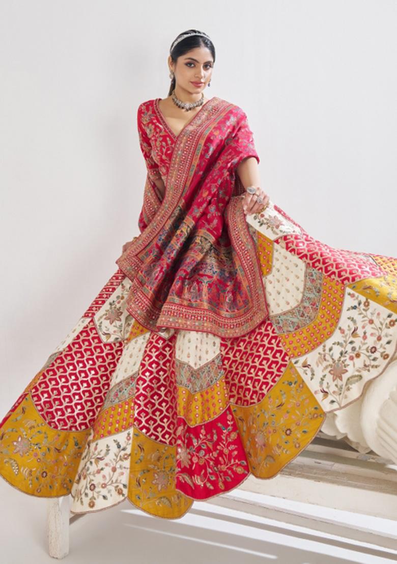 White Aari And Patch Work Banarasi Silk Bridal Lehenga Set With Dupatta