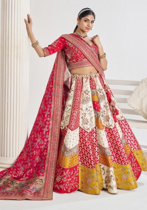 White Aari And Patch Work Banarasi Silk Bridal Lehenga Set With Dupatta