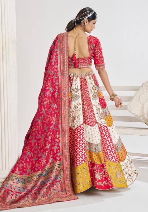 White Aari And Patch Work Banarasi Silk Bridal Lehenga Set With Dupatta