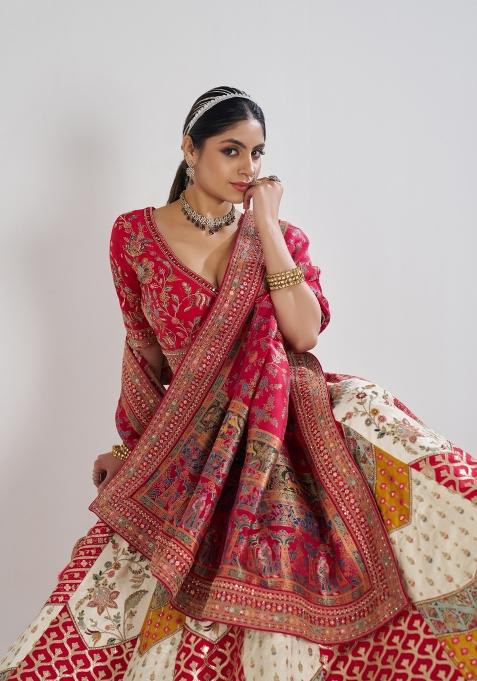 White Aari And Patch Work Banarasi Silk Bridal Lehenga Set With Dupatta