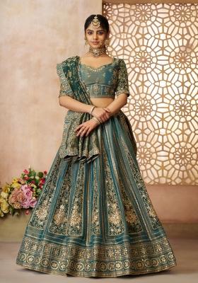 Green Zari Work Net Lehenga Set With Dupatta