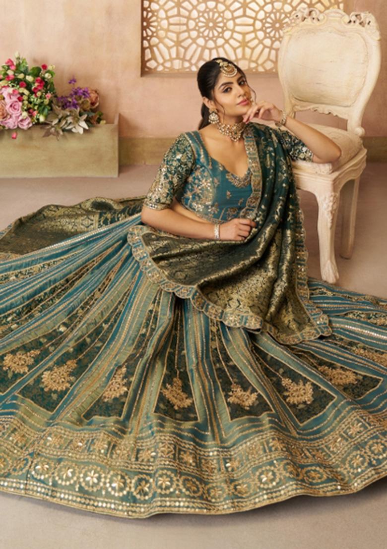 Green Zari Work Net Lehenga Set With Dupatta