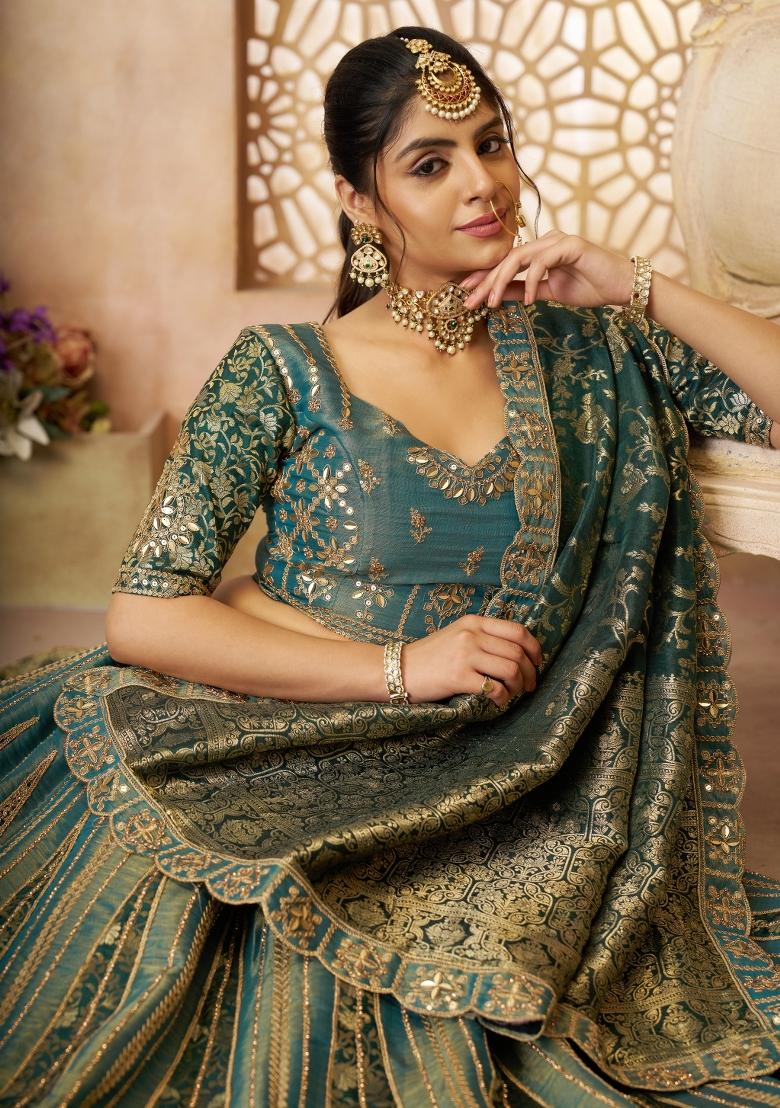 Green Zari Work Net Lehenga Set With Dupatta