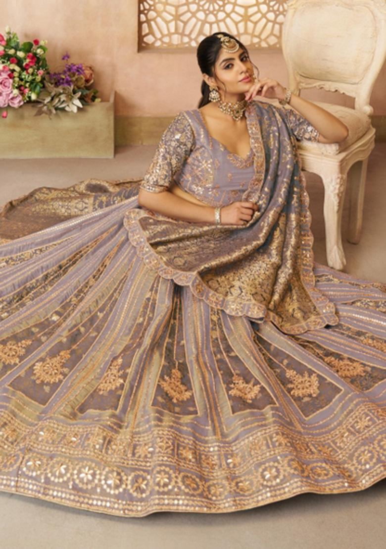 Onion Pink Zari Work Net Bridal Lehenga Set With Dupatta