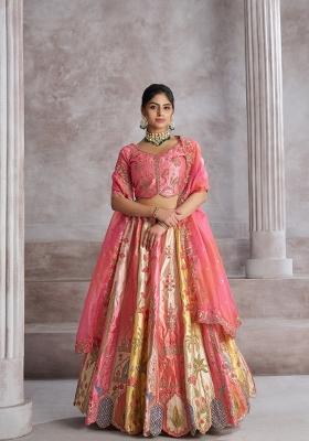 Pink Embroidered Banarasi Silk Wedding Lehenga Set With Dupatta