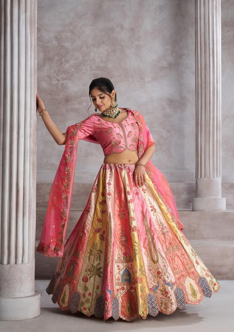 Pink Embroidered Banarasi Silk Wedding Lehenga Set With Dupatta