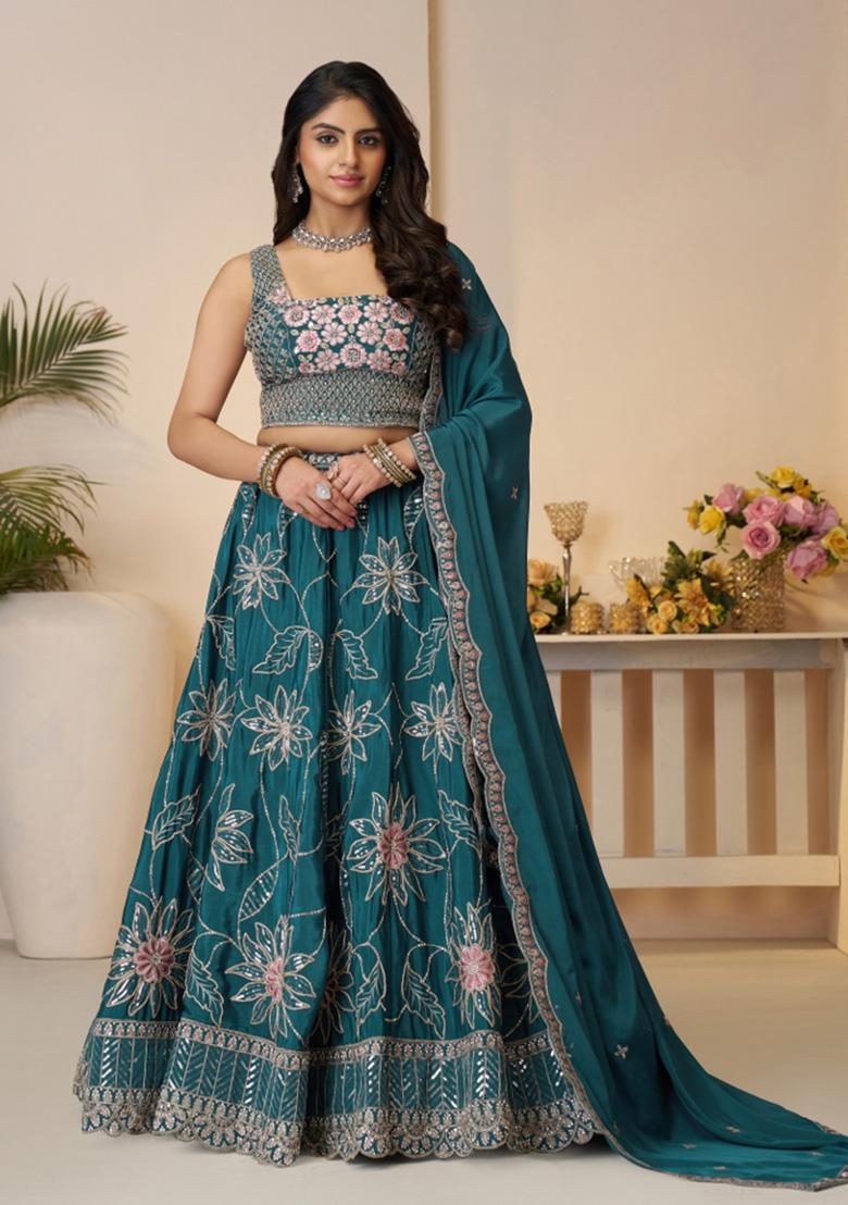 Blue Embroidered Satin Silk Bridal Lehenga Set With Dupatta