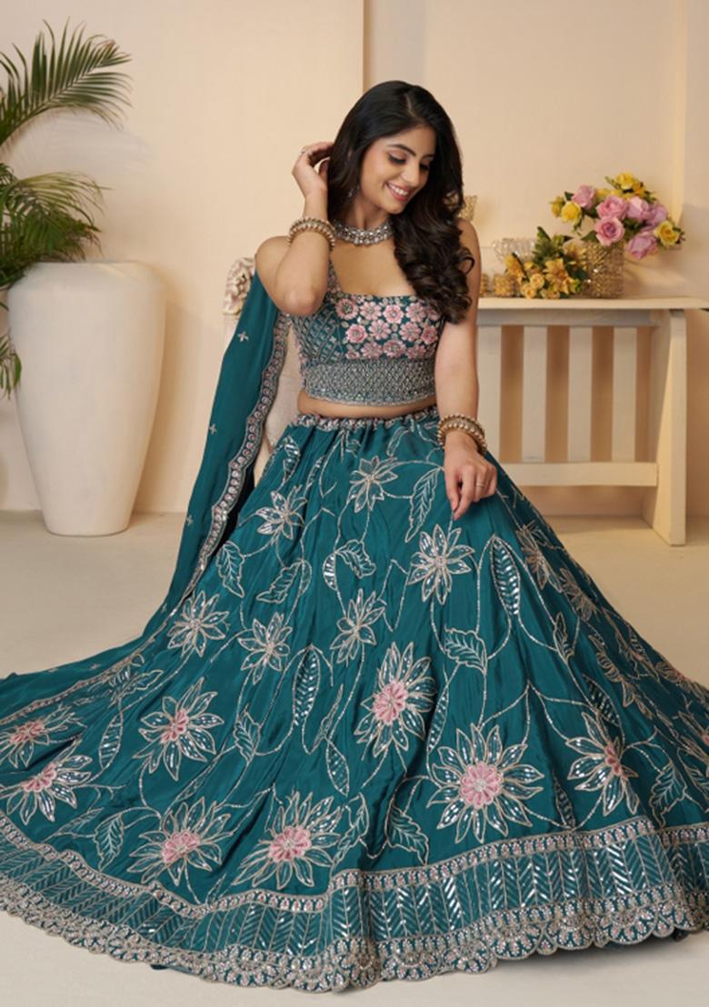 Blue Embroidered Satin Silk Bridal Lehenga Set With Dupatta