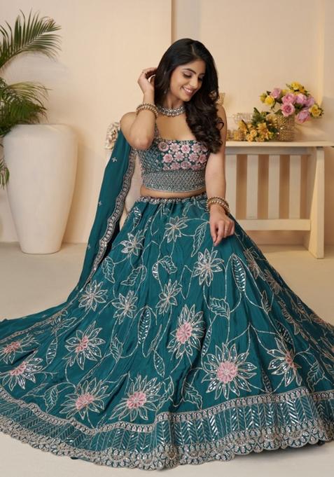Blue Embroidered Satin Silk Bridal Lehenga Set With Dupatta