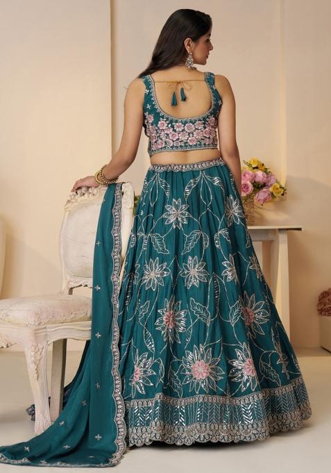 Blue Embroidered Satin Silk Bridal Lehenga Set With Dupatta