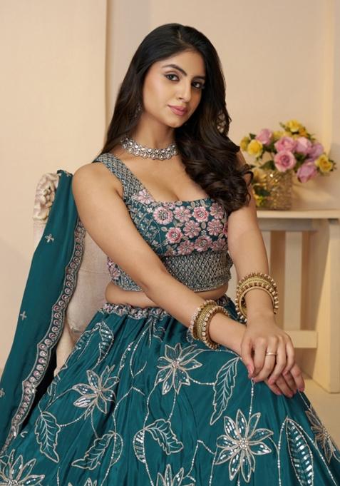 Blue Embroidered Satin Silk Bridal Lehenga Set With Dupatta