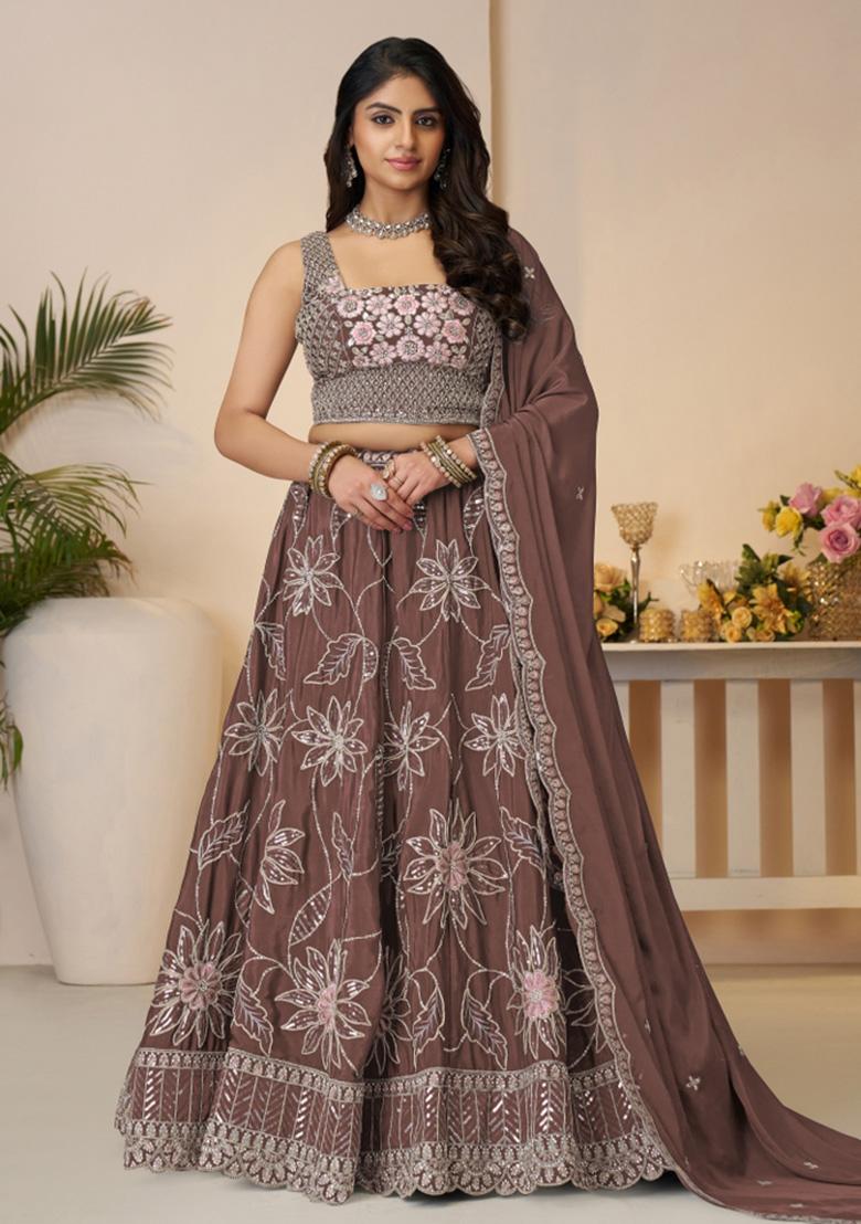 Onion Pink Embroidered Satin Silk Bridal Lehenga Set With Dupatta