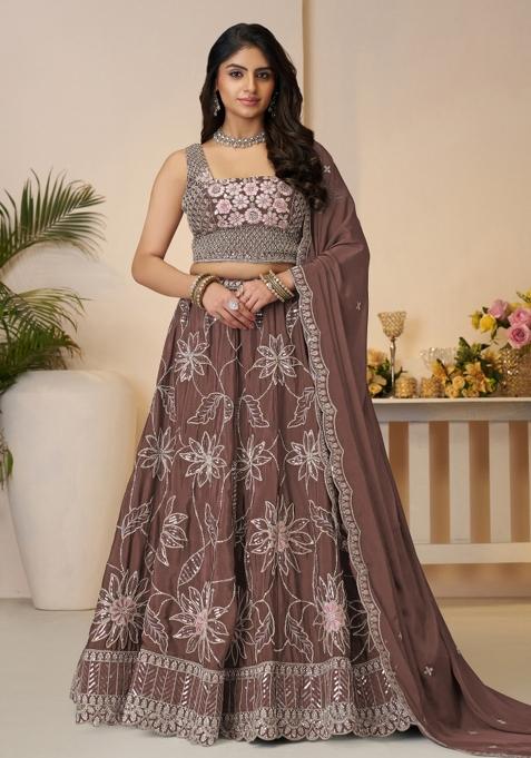 Onion Pink Embroidered Satin Silk Bridal Lehenga Set With Dupatta