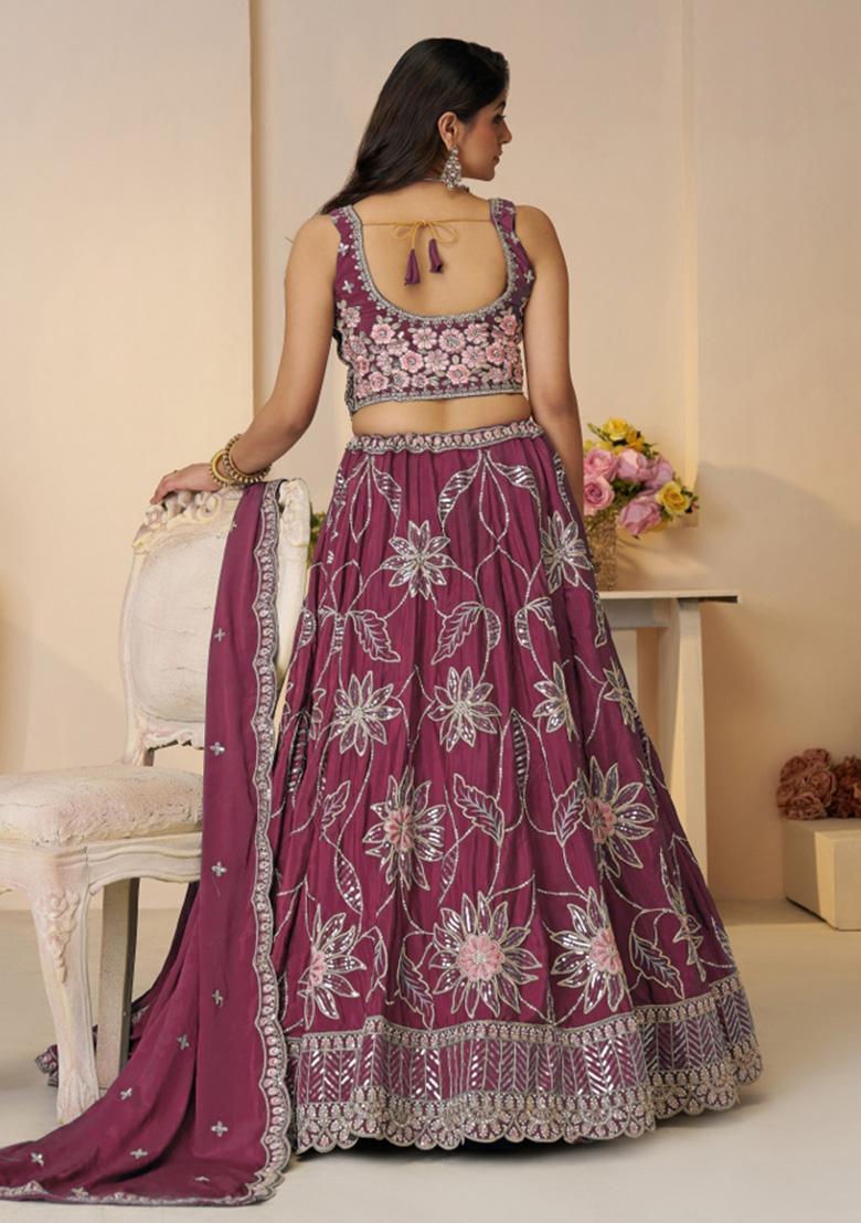 Maroon Embroidered Satin Silk Bridal Lehenga Set With Dupatta