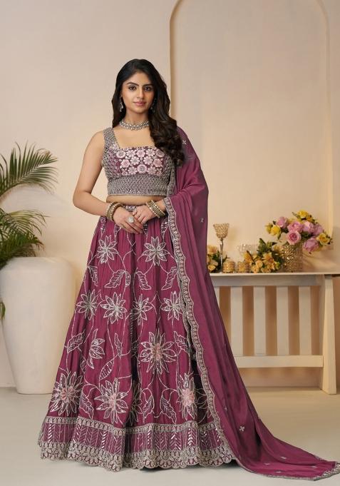 Maroon Embroidered Satin Silk Bridal Lehenga Set With Dupatta