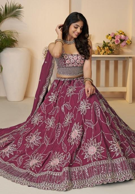 Maroon Embroidered Satin Silk Bridal Lehenga Set With Dupatta