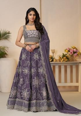 Purple Zari Work Satin Silk Bridal Lehenga Set With Dupatta