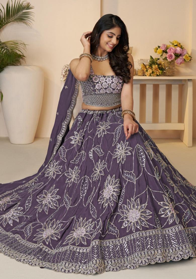 Purple Zari Work Satin Silk Bridal Lehenga Set With Dupatta
