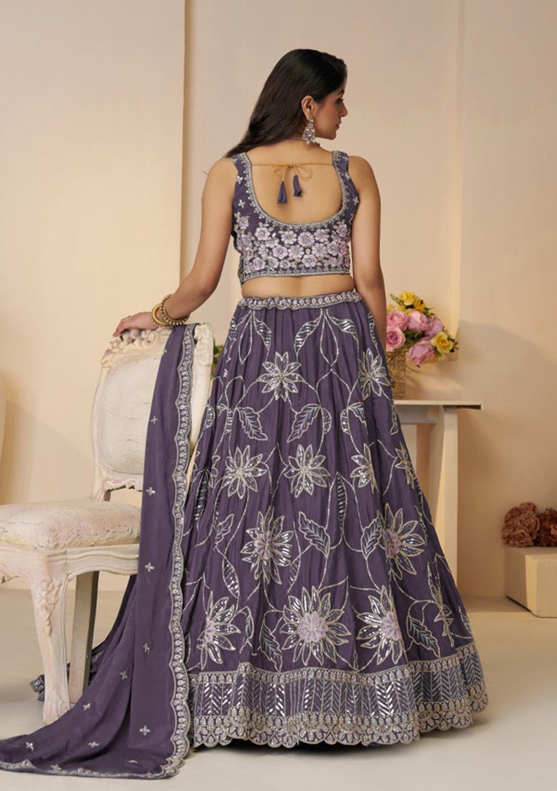Purple Zari Work Satin Silk Bridal Lehenga Set With Dupatta