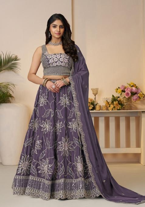 Purple Zari Work Satin Silk Bridal Lehenga Set With Dupatta