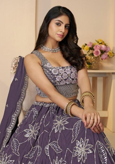 Purple Zari Work Satin Silk Bridal Lehenga Set With Dupatta