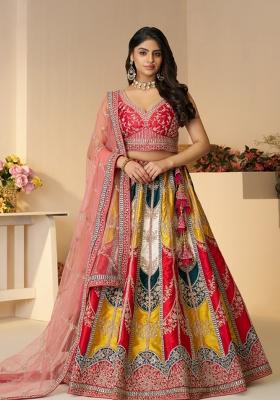 Multi Colour Zari Work Silk Bridal Lehenga Set With Dupatta