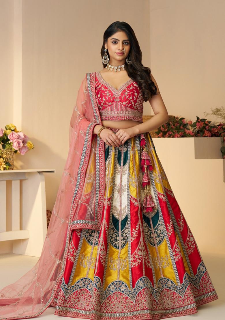 Multi Colour Zari Work Silk Bridal Lehenga Set With Dupatta