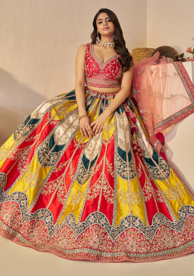 Multi Colour Zari Work Silk Bridal Lehenga Set With Dupatta