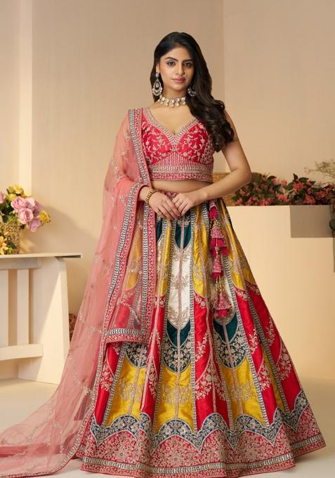 Multi Colour Zari Work Silk Bridal Lehenga Set With Dupatta