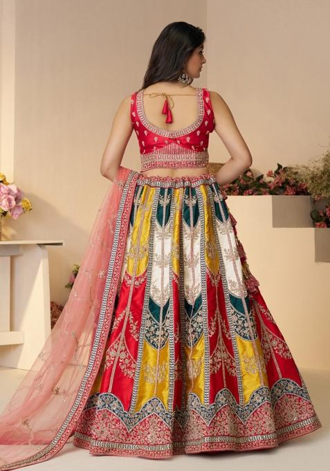 Multi Colour Zari Work Silk Bridal Lehenga Set With Dupatta