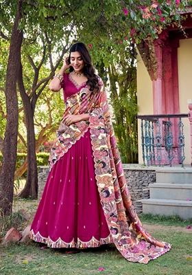 Pink Embroidered Cotton Lehenga Set With Dupatta